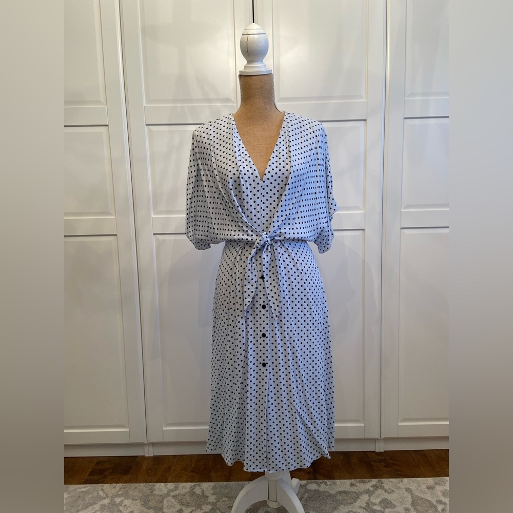 ZARA Baby Blue Black Polka Dot Dress sz S